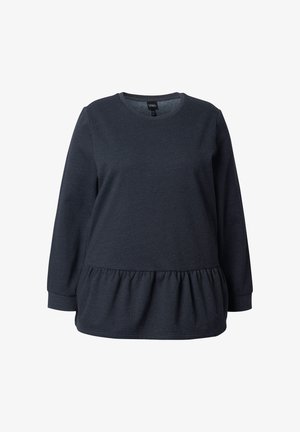 Mørkegrå langærmet top lavet af blødt materiale, med en samlet peplum-kant og en rund halsudskæring med ribbede manchetter.