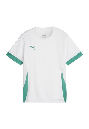 T-shirt de sport blanc avec des accents bleu clair sur les manches et les côtés. Fabriqué en tissu respirant, il arbore un logo PUMA sur la poitrine.