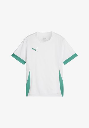 Λευκό αθλητικό T-shirt με ανοιχτό τιρκουάζ λεπτομέρειες στα μανίκια και στις πλευρές. Φτιαγμένο από αεροδιαπερατό ύφασμα, διαθέτει το λογότυπο PUMA στο στήθος.