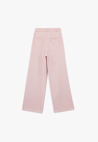 Weite Hosen aus zartem pinkfarbenem Stoff, mit glatter Textur, Gürtelschlaufen und zwei Gesäßtaschen in einem cleanen, minimalistischen Design.