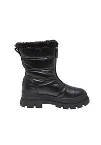 Black winter boots with a quilted design, faux fur trim at the top, and a thick, textured rubber sole. Side zipper for easy wear.
