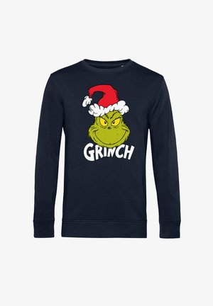 Felpa navy con grafiche del Grinch verde che indossa un cappello di Babbo Natale rosso e bianco. La scritta "GRINCH" è presente in lettere bianche in grassetto sotto il design.
