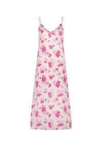 Bloemige slipdress met dunne bandjes, in crème met roze spetters en bloemenpatronen. Lichtgewicht stof, A-lijn silhouet.