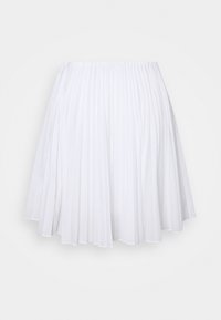 Bílá plisovaná sukně s elastickým pasem, vyrobená z lehké látky. Má vertikální záhyby pro texturu a rozšířený střih.
