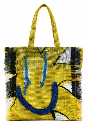 Żółta pleciona torba na ramię z grafiką uśmiechniętej twarzy w niebieskich i czarnych akcentach. Dwie mocne rączki do noszenia. Teksturowane wykończenie.