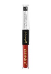 Tubetto trasparente di Bellaoggi Lip Magnifier, con una formula liquida rossa lucida, forma cilindrica, branding in nero e oro, e un cappuccio trasparente.