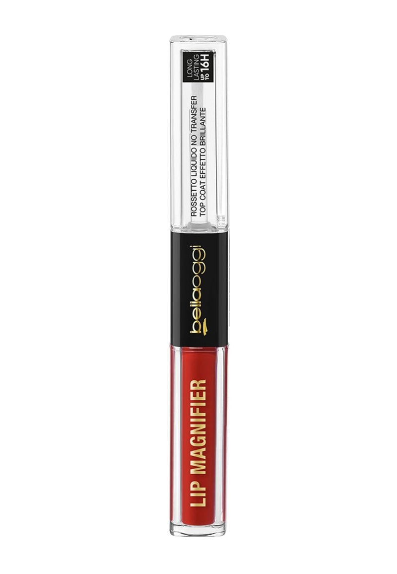 Tubetto trasparente di Bellaoggi Lip Magnifier, con una formula liquida rossa lucida, forma cilindrica, branding in nero e oro, e un cappuccio trasparente.
