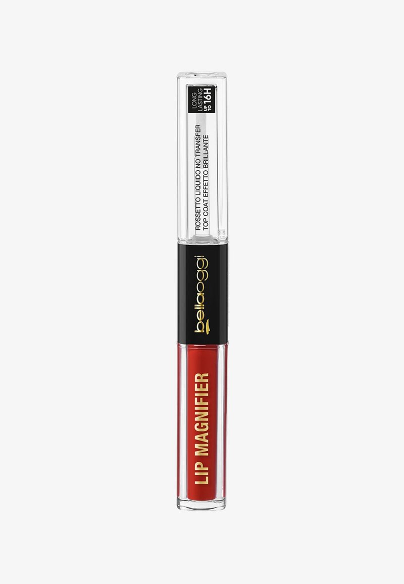 Tubetto trasparente di Bellaoggi Lip Magnifier, con una formula liquida rossa lucida, forma cilindrica, branding in nero e oro, e un cappuccio trasparente.