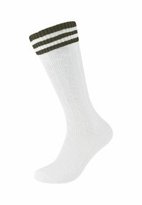 Witte sokken met een gestructureerd design, voorzien van een groene ribbelsrand met drie witte strepen aan de bovenkant. Ademend materiaal voor comfort.