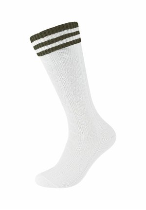 Hvide sokker med en struktureret design, der har en grøn ribbet manchet med tre hvide striber øverst. Åndbart stof for komfort.