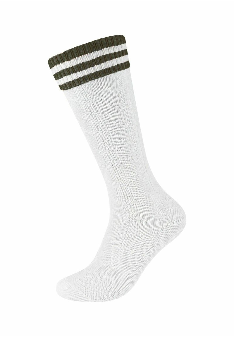Weiße Socken mit einem strukturierten Design, featuring einem grünen gerippten Bund mit drei weißen Streifen an der Oberseite. Atmungsaktiver Stoff für Komfort.