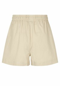 Beige, lichtgewicht shorts van een zachte stof met een elastische tailleband en een losse pasvorm. Geen zichtbare patronen of extra details.