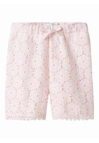 Pantaloni corti rosa con motivo in pizzo floreale, vita elastica con laccetto, orlo sagomato e tessuto testurizzato.