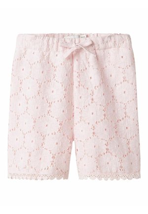 Shorts roses avec motif en dentelle florale, taille élastique avec lien, ourlet festonné et tissu texturé.