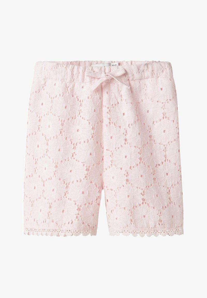 Rožinės šortai su gėlių nėrinių raštu, elastinga juostos juosta su raišteliu, banguotas kraštas ir tekstūruota medžiaga.