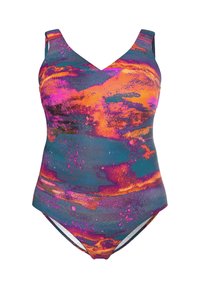 Maillot de bain une pièce multicolore avec un décolleté en V. Le design comprend des teintes vibrantes de violet, d'orange et de bleu avec des motifs abstraits.
