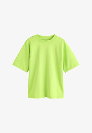 Neonowa zielona koszulka z krótkim rękawem, z okrągłym dekoltem, wykonana z miękkiego bawełnianego materiału, o luźnym kroju i minimalnej liczbie szwów.