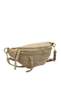 Sac en croisé en daim taupe avec une forme courbée, doté d'une fermeture éclair dorée et de deux compartiments zippés, agrémenté de bretelles détachables.