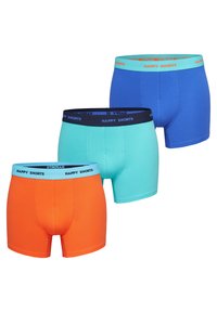 Pakket van drie boxershorts in levendige kleuren: oranje, aqua en blauw. Elke heeft een contrasterende tailleband met de opdruk "HAPPY SHORTS".