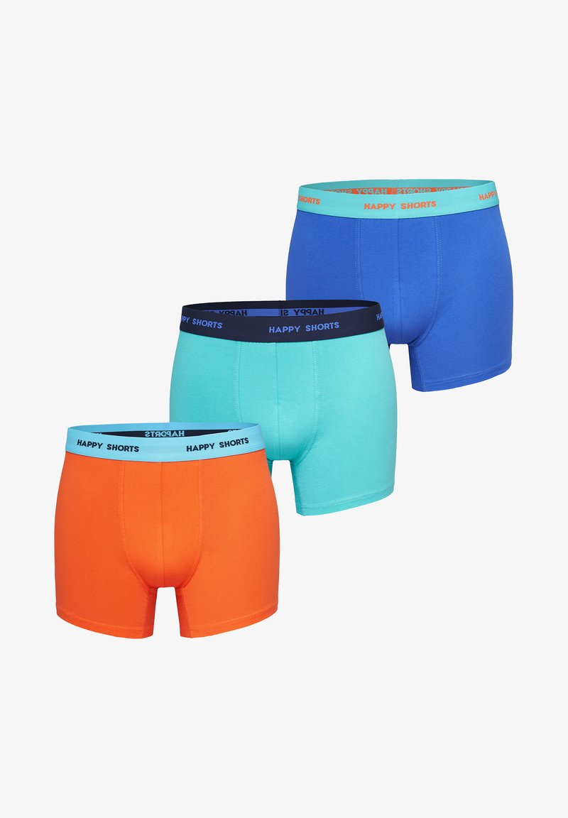 Pakket van drie boxershorts in levendige kleuren: oranje, aqua en blauw. Elke heeft een contrasterende tailleband met de opdruk "HAPPY SHORTS".