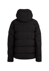 Schwarze Daunenjacke mit Kapuze, die ein gestepptes Muster und eine glatte Textur aufweist. Die Rückansicht zeigt einen runden Halsausschnitt und weite Ärmel.