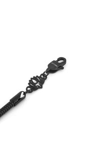 Black metal clip with a decorative loop design, attached to a textured cord, featuring a hook for secure fastening.