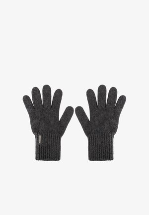 Des gants gris tricotés présentent un poignet côtelé et un design à cinq doigts. Fabriqués en tissu doux, ils ont une finition texturée et une étiquette de marque subtile.