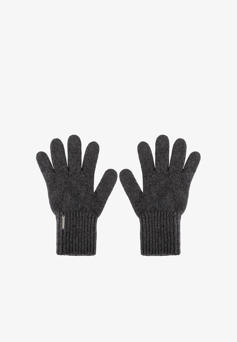 Mănușile tricotate gri au un manșon cu nervuri și un design cu cinci degete. Fabricate dintr-un material moale, acestea au o finisare texturată și un eticheta subtilă a brandului.