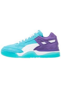 Aqua and purple suede sneakers with white accents, featuring a padded collar, white laces, and a translucent blue sole.