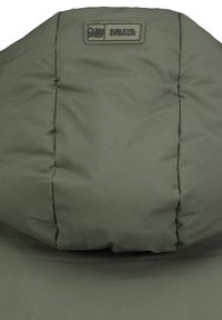 Olive green puffer jacket with a quilted texture, featuring a raised brand label on the collar and a streamlined, hooded design.