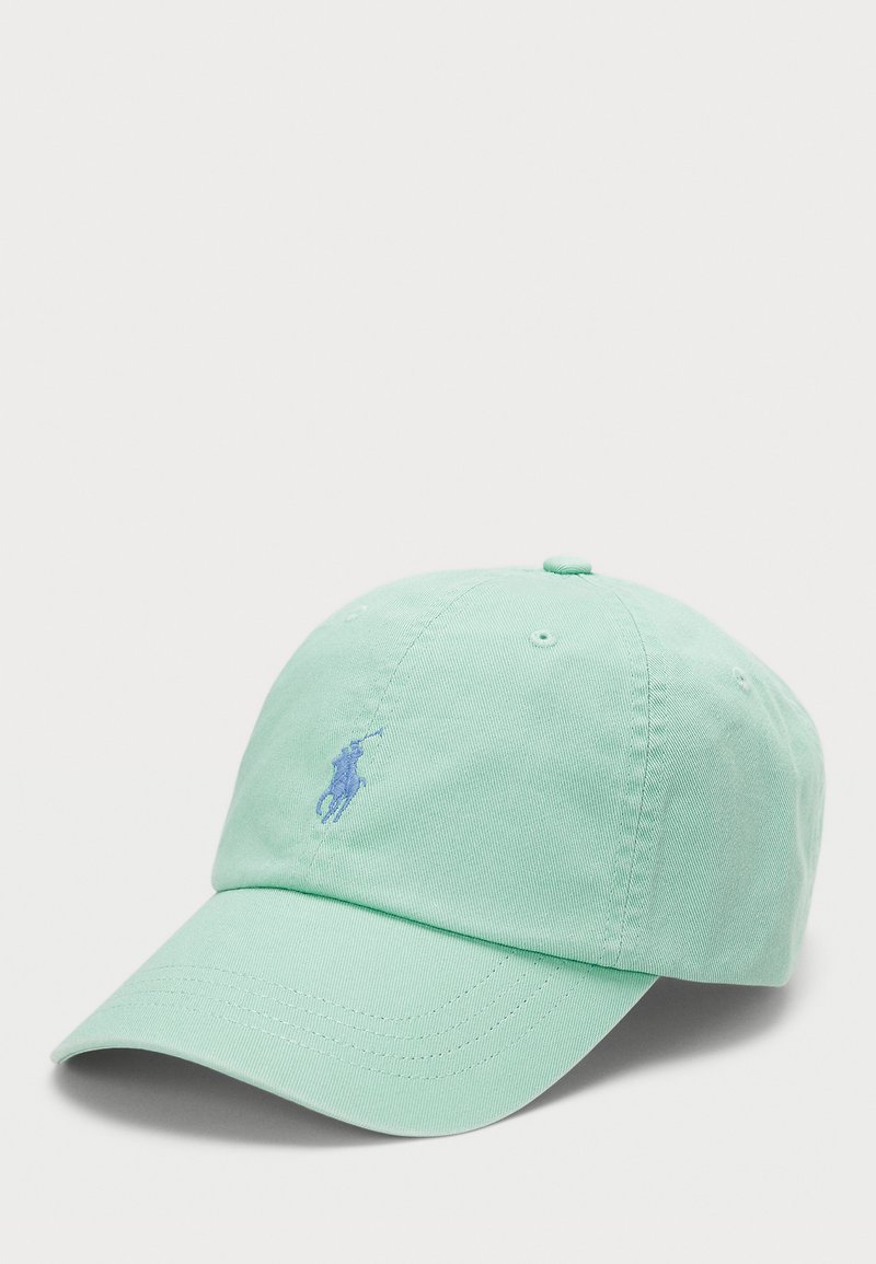 Mint green cotton baseball cap with a curved visor and embroidered logo in light blue. Features adjustable strap for sizing.