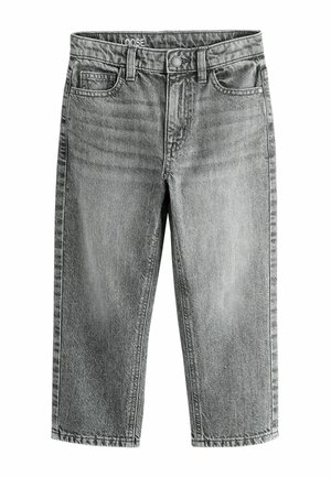 Løse grå falmede denimjeans med forreste knap, lynlås, bæltestropper og fem-lommer design.