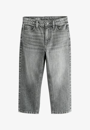 Voľné vyblednuté sivé denimové rifle s predným gombíkom, zipsom, pútkami na opasok a dizajnom s piatimi vreckami.