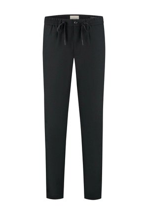 Pantaloni negri din material neted, cu un brâu elastic și șnur, nasture frontal și un design slim fit.