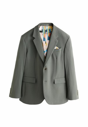 Grå blazer i glat stof med en notch-lapel, to forlommer, enkelt knaplukning og et mønstret indre for i pastelfarver.