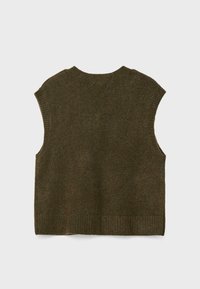 Bezrukavni pulover u tamno maslinasto zelenoj boji, pletena tekstura, okrugli izrez, rebrasti rub i bezšavne armholes za čist završetak.