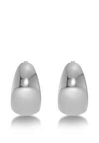 Silverfärgade örhängen i metall med en polerad, rundad triangulär design med slät yta och minimala detaljer.