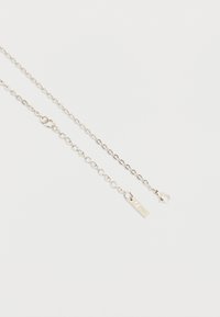 Λεπτό ασημένιο κολιέ με αλυσίδα, κούμπωμα σε σχήμα αστακού και επέκταση με μια μικρή ορθογώνια ετικέτα σε λευκό φόντο.