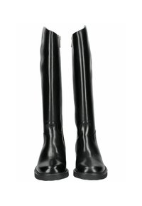 Botas negras hasta la rodilla hechas de cuero brillante, con un diseño elegante, punta redondeada y cierre de cremallera en la parte trasera. Suela plana.