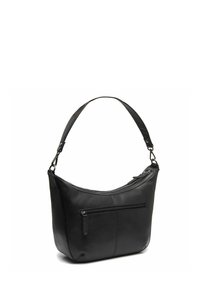 Borsa a tracolla in pelle nera con forma curvata, tracolla regolabile e tasca con zip sulla parte anteriore. Texture liscia e design minimalista.