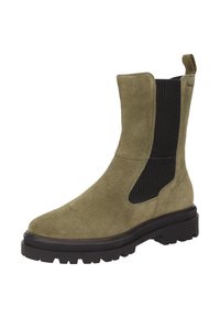 Olivgrüner Wildleder-Ankle-Boot mit schwarzen elastischen Seitenwänden und einer Zuglasche. Verfügt über eine dicke schwarze Gummisohle mit strukturiertem Profil.