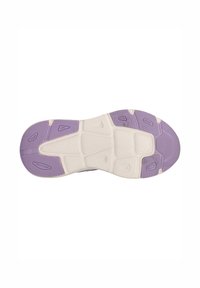 Kengän pohja, jossa on teksturoitu valkoinen ja violetti muotoilu. Sisältää muotoiltuja pitoja ja pehmusteita, jotka tarjoavat pitoa ja mukavuutta.