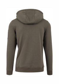 Felpa con cappuccio di colore verde oliva, caratterizzata da maniche lunghe, polsini e orlo a costine, con un accento testurizzato sulla manica sinistra. Materiale in cotone morbido.