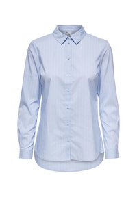 Light blue button-up shirt made of smooth fabric, featuring vertical white stripes, a collar, and long sleeves with a curved hemline.