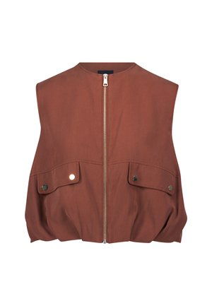 Brown sleeveless vest with a high neck, front zipper, and two buttoned pockets. Made of smooth fabric with a gathered hem detail.