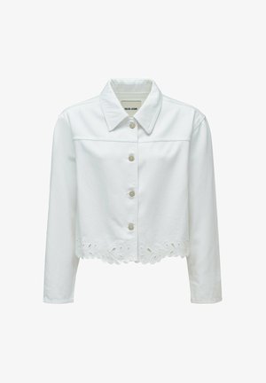 Veste blanche cropée avec manches longues, col, quatre boutons et ourlet brodé festonné.