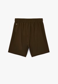 Bruine, lichtgewicht shorts met een elastische tailleband en een kleine decoratieve knop. Gladde textuur, middellange ontwerp, zonder zakken.