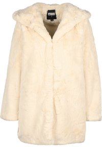 Manteau en fausse fourrure crème avec une capuche, présentant une texture douce, des manches longues et une fermeture à boutons à l'avant. Fabriqué à partir de matériaux synthétiques chauds.