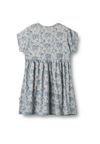 Rochiță pentru bebeluși cu mâneci scurte, cu model floral albastru și alb, talie adunată și decolteu rotund, prezentată din spate pe fundal alb.