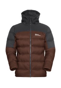 Giacca a vento imbottita marrone e grigio scuro con cappuccio, zip frontale completa e logo Jack Wolfskin sul petto.